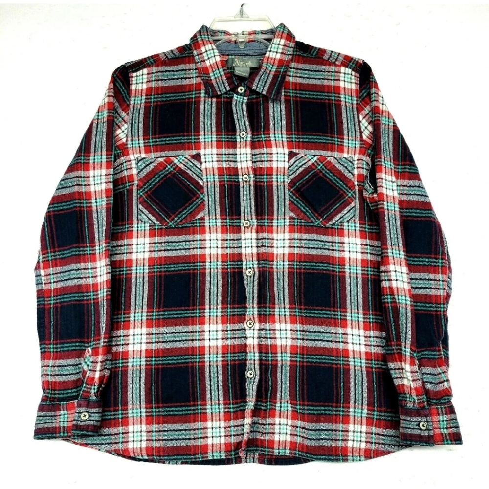 NATURAL REFLECTION  Plaid  Button Down Shirt Size L Navy Blue Red